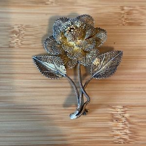 Vintage Portugal sterling silver two tone flower pin brooche